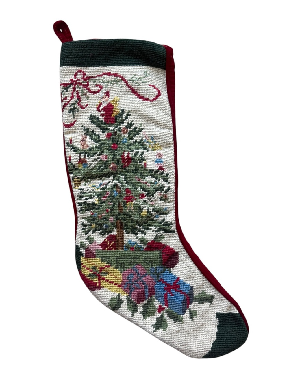 Vintage Needlepoint Christmas Stocking Tree Gifts Toys Traditional Holiday Decor